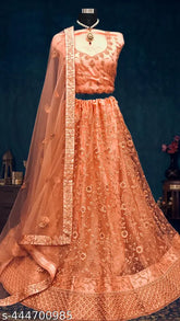 Peach net embroidered lehenga choli set with semi-stitched blouse and dupatta, Indian ethnic wear for parties and functions