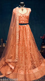 Peach net embroidered lehenga choli set with semi-stitched blouse and dupatta, Indian ethnic wear for parties and functions