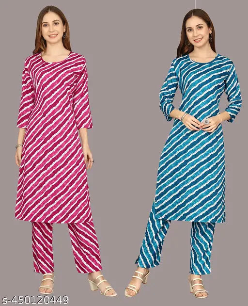 Purple crepe floral printed kurta with striped net trouser set, designer women's fashion on mannequin (Pack of 2, Sizes: S & L)