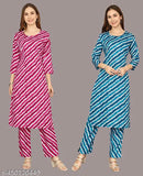 Purple crepe floral printed kurta with striped net trouser set, designer women's fashion on mannequin (Pack of 2, Sizes: S & L)