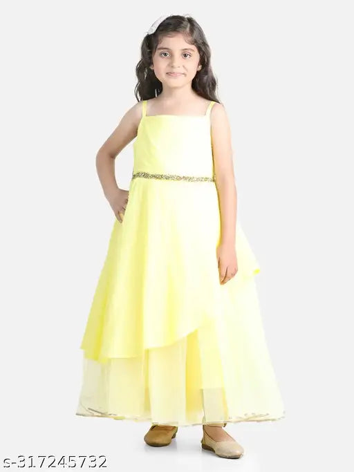 Yellow net party dress for kids, sleeveless toy balloon print, 2-3 years size