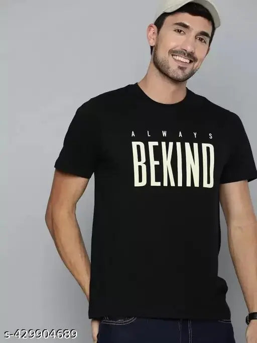 100% cotton black men's printed round neck T-shirt, short sleeves, classic style for everyday wear