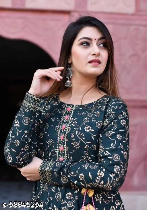 Rayon Fasonika Anarkali Long Kurta, printed combo, long sleeves, round neck, festive wear, Indian origin
