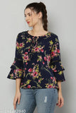 Trendy navy crepe three-quarter sleeve top with floral print, tie-up neck, and layered sleeves for women's garments - stylish casual wear for various occasions, made in India