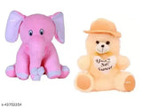White elephant cream cap soft toy (26cm x 32cm), cuddly and loveable kids' teddy bear with pink fur & bow
