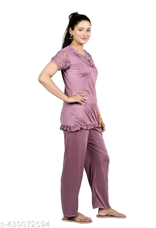 Purple satin nightsuit set with dhoti pyjamas for women, comfortable and stylish nightwear from Pushbela
