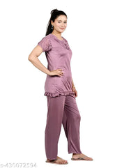 Purple satin nightsuit and pyjama set for women, comfortable and trendy silk satin design, suitable for summer nights or lounging