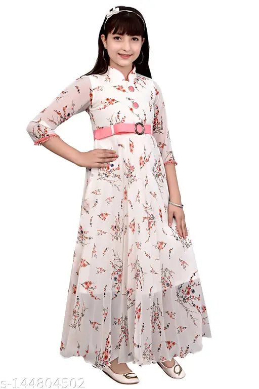 White georgette printed long gown with 3/4 sleeves for cute girls, Indian-made, stylish maxi frock for special events