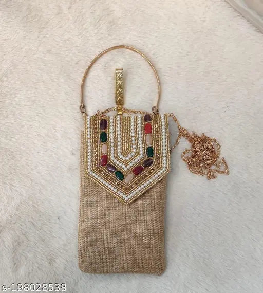 Trendy jute mobile sling with long chain and saree clip, embroidered net accessory for Indian fashion, free size (L:4in,W:1in,H:7in)