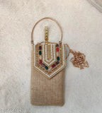 Trendy jute mobile sling with long chain and saree clip, embroidered net accessory for Indian fashion, free size (L:4in,W:1in,H:7in)