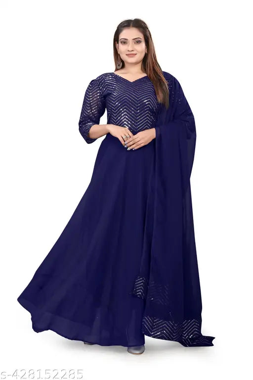 Embellished georgette anarkali dress in VIDHI NEVY BULE, full sleeves, Indian origin