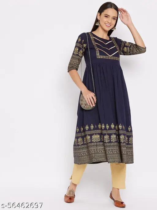 WineRed Women's Navy Blue Floral Print Cotton Flared Kurta - Three-Quarter Sleeves, ideal for festive occasions. Celebrate in style with soft cotton fabric and gold accessories