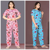Premium quality pyjama set for women, printed net top & bottom with short sleeves, pack of 2 (India)