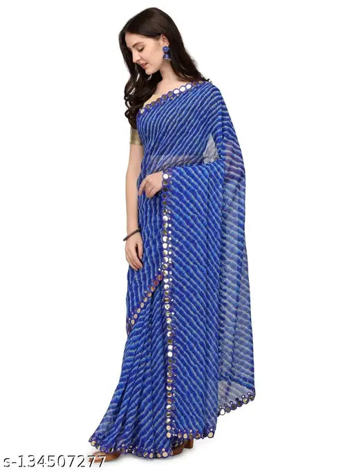 Blue Georgette Lehriya Printed Mirror Border Saree with Separate Silk Blouse on mannequin