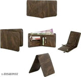 Trendy men's brown faux leather bi-fold wallet, double zip design. Solid construction with 4 card slots, chain pocket, flip ID, secret slots, and currency compartments. Ideal for everyday use