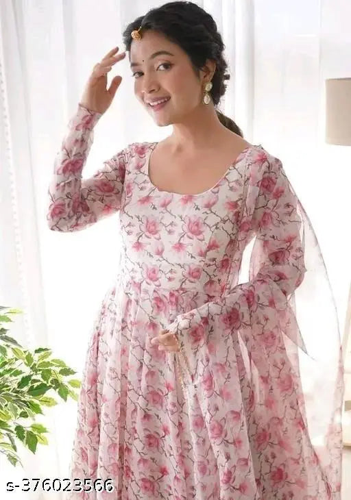 Georgette printed long-sleeved anarkali kurta with dupatta and skirt, Indian women's party wear
