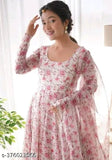 Georgette printed long-sleeved anarkali kurta with dupatta and skirt, Indian women's party wear