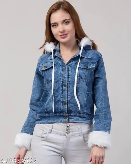 Stylish denim fur jacket, solid pattern, long sleeves, BELLEZA DESIGN, India