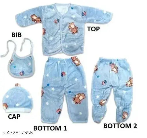 Keshuyoka wool baby winter wear (0-3 months) complete set: printed pajamas, top, bib, cap with long sleeves