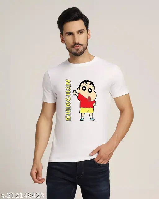 White Shi Chan graphic print round neck t-shirt for men, polyester, bio-washed