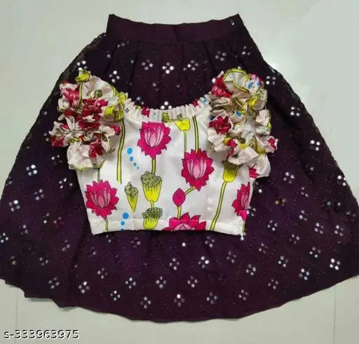 Baby girl's printed satin silk, rayon Georgette A-line round neck cap sleeve lehenga choli. Indian traditional kids' fashion