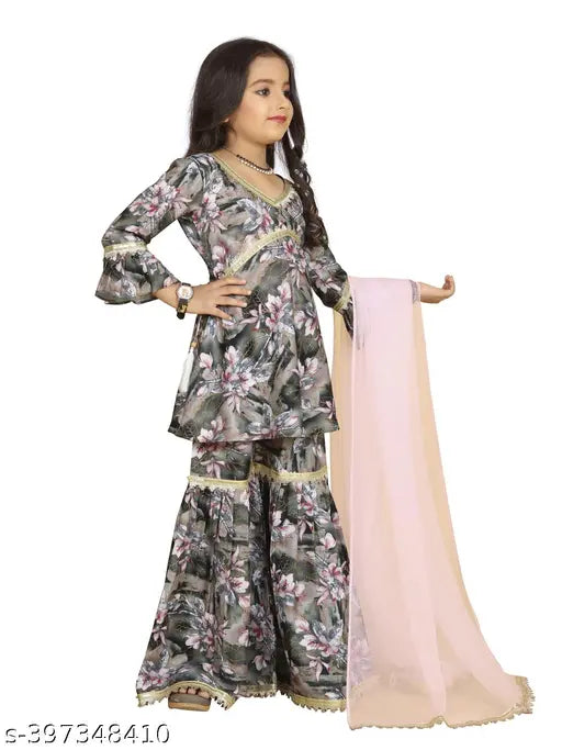 Nivudi Alia Printed Kora Muslin Top with Sharara Dupatta Set for Girls, traditional ethnic wear for festive occasions