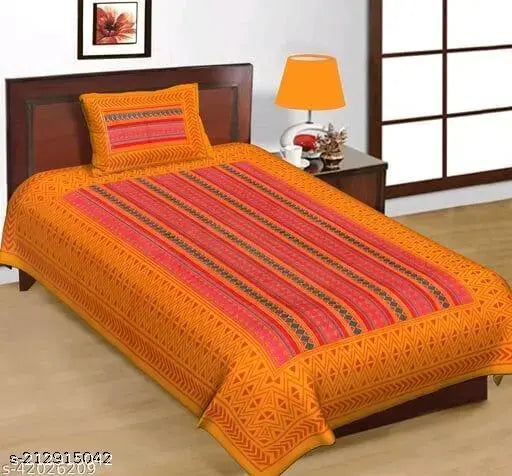 Cotton pure single bed sheet & pillow cover set, superfine Jaipuri design for adult use in mild winter, India origin