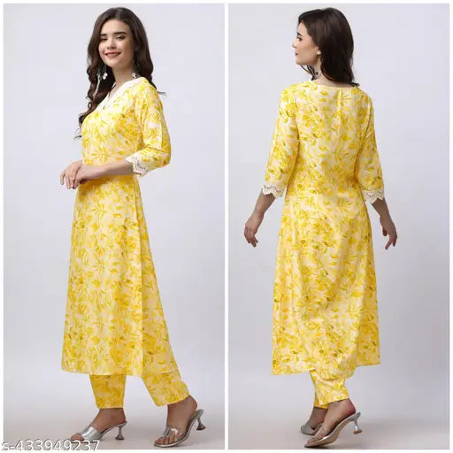 Viscose Rayon Women's Long Kurti Set with Embroidered White Cotton Lace, Elastic Palazzo Pants - Breathable and Comfortable Indian Fashion