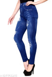 Blue Printed Denim Jegging by DIKFAB - Fine stretch Cotton Poly Blend, fits perfectly, 4-way stretch, printed design, sizes: 28, 30, 32, Free Size, M, L, XL (model height 5.10 ft, waist 30 in, wearing size M)
