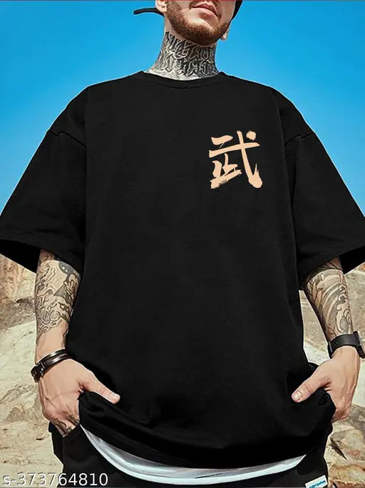Black cotton blend oversize fit men's printed round neck t-shirt, short sleeves