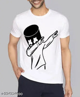 Marshmello printed polyester t-shirt, white graphic design for men's casual wear, short sleeves on display