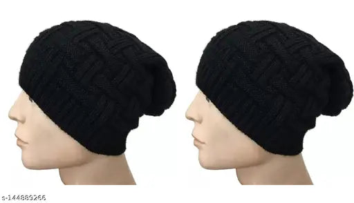 Black wool beanie cap pack (2), embroidered pattern, unisex design from India