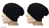 Black wool beanie cap pack (2), embroidered pattern, unisex design from India