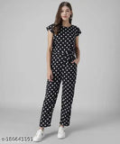 Black dotted jumpsuit, printed crepe material, short sleeves, women's fashion accessory on hanger