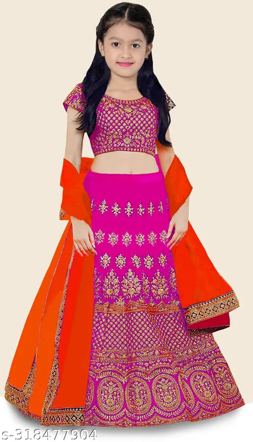 Silk blend embroidered lehenga, choli, and dupatta set for girls aged 5-14, semi-stitched on display