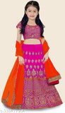 Silk blend embroidered lehenga, choli, and dupatta set for girls aged 5-14, semi-stitched on display