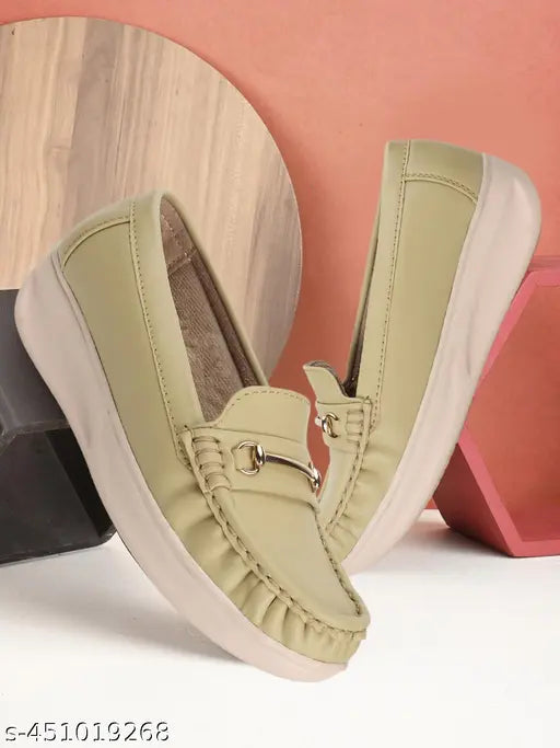 Synthetic leather ankle cream slip-on flat loafers for women - casual and formal footwear in various sizes (IND-3 to IND-8), made in India