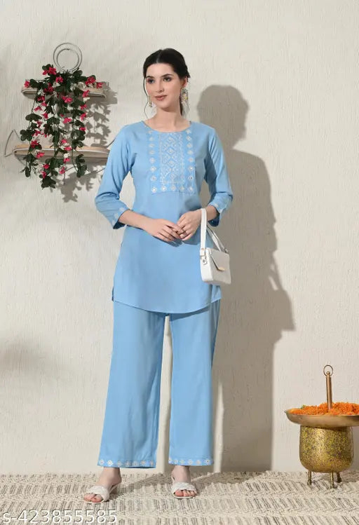 Viscose Rayon embroidered net Myra Drishya Women Kurta and Pants Set, solid print office top pant for women, new launch in India