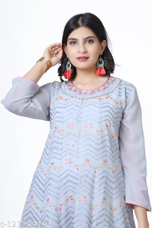 Georgette Anarkali suit with sharara & dupatta set, embroidered, three-quarter sleeves - Indian women's traditional wear