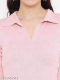 Pink ribbed solid full sleeve tank top, polyester fabric for women's fashion, high-quality mid waist crop length design