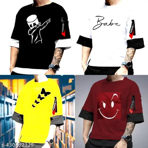 Stylish cotton blend men's t-shirt, comfortable round neck with three-quarter sleeves, printed design. Regular fit in various sizes from S to XXL. Made in India