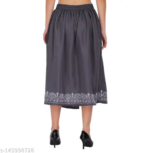 Crepe embroidered polyester skirt, solid color, calf length (30 inches), pack of 2 with elasticated belt - available in sizes 26, 28, 30, 32, 34 (India origin)