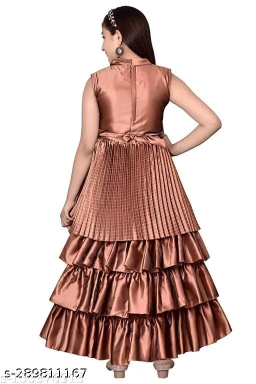 Embellished silk blend, sleeveless party dress for girls (coffee color). Lightweight, premium quality ethnic gown by Alshifa Garments. Perfect for parties, weddings, festivals