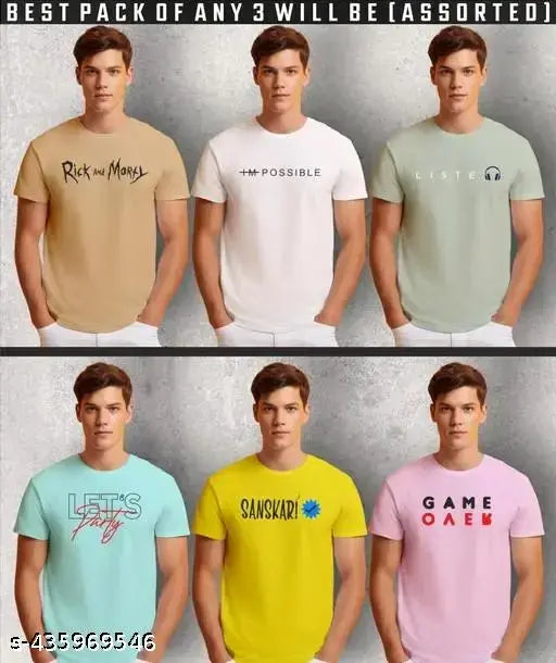 Mens printed cotton t-shirt 3 pack, XL size, multicolor round neck half sleeves, versatile addition to wardrobe