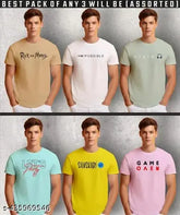 Mens printed cotton T-shirt (2XL), versatile pack of 3 in white with multicolor round neck design, suitable for casual wear or layering