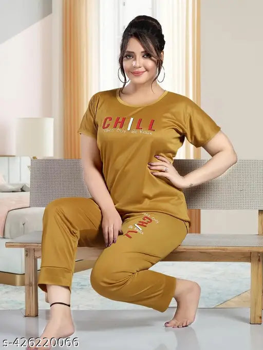 Attractive satin night suit for women, printed sleepwear with short sleeves