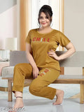 Attractive satin night suit for women, printed sleepwear with short sleeves