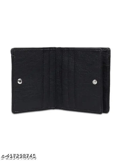 Black faux leather Gittak Wallet for men, solid pattern design with 7 card slots, 2 secret slots, 1 pocket, and 2 compartments. Made in high-quality genuine leather, durable cloth lining used, free size (11 cm x 9 cm)