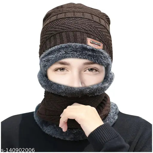 Brown arcylic unisex woolen beanie cap & neck muffler scarf set, ultra soft with face cover