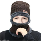 Brown arcylic unisex woolen beanie cap & neck muffler scarf set, ultra soft with face cover